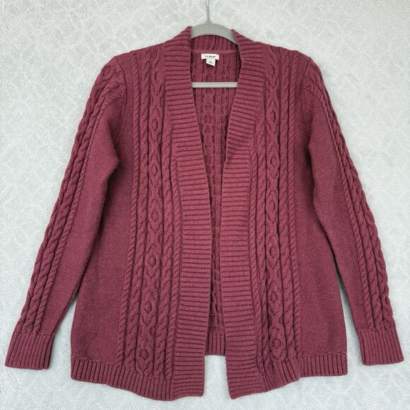 LL Bean Cable Knit Cardigan Sweater Women M Pink Open Grandma Fisherman Cottage - Picture 1 of 8